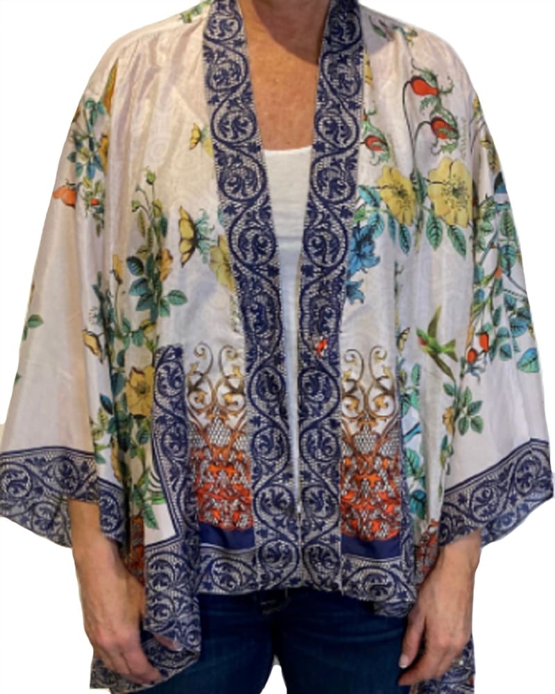 Front of a model wearing a size XXL Lace Telera Kimono in Multi in Multi by Johnny Was. | dia_product_style_image_id:336282